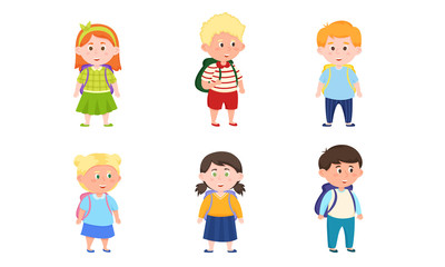 Obraz na płótnie Canvas Happy children girls and boys pupils with backpacks vector illustration