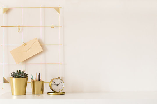 Modern Office Desk With Gold Accessories. Empty Space, Mock Up. Minimal Style.