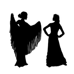 Woman in long dress stay in dancing pose. flamenco dancer, spanish. beautiful female profile black silhouette Isolated on white background. Vector