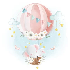 Peel and stick wall murals Nursery Little Elephant and Bunny Flying With Hot Air Balloon