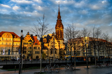 Obraz premium Evangelical Reformed Church Evangelisch Reformierte Kirche in the evening sunset light. Leipzig, Germany. November 2019