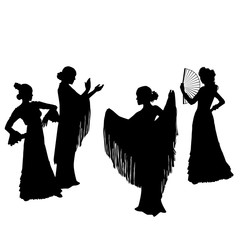 Woman in long dress stay in dancing pose. flamenco dancer, spanish. beautiful female profile black silhouette Isolated on white background. Vector