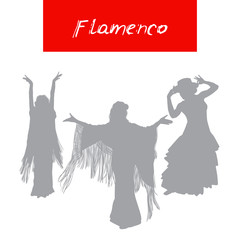 Women in long dress stay in dancing pose. flamenco dancer, spanish. beautiful female profile gray silhouette Isolated on white red background. Vector