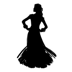 Woman in long dress stay in dancing pose. flamenco dancer, spanish. beautiful female profile black silhouette Isolated on white background. Vector