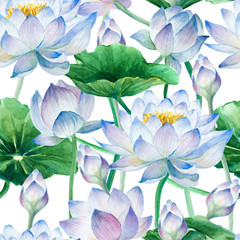 Materiał do szycia Seamless pattern of a lotus flowers with buds and leaves on a white background, hand drawn.
