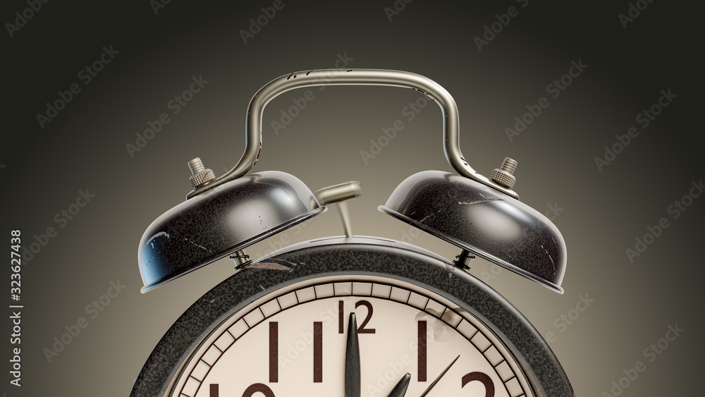 Poster alarm clock antique and old style and there are traces of dirt and rust. alarm at 01.00 and there cl