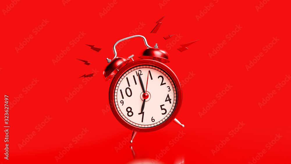 Poster red alarm clock with clipping path. alarm at 07.00. minimal idea concept, 3d render.