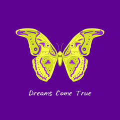 Dreams Come True. yellow green butterfly sketch, dark purple background. simple art. Can be used for Card banner template, copy space. Vector