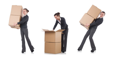 Woman businesswoman with boxes on white