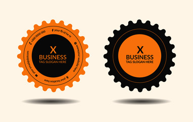 round business cards for automotive or mechanic. product label, badge, seal, sticker, tag, stamp icon isolated on grey, orange background. Flat design. Vector Illustration