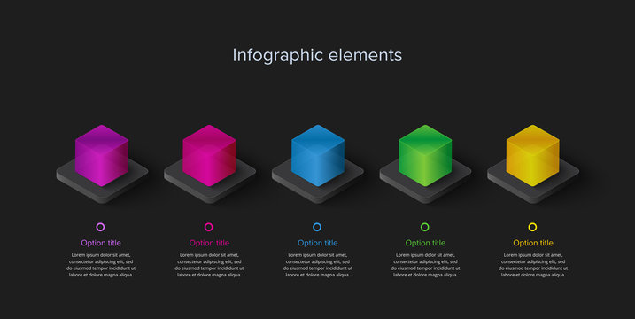 Business process chart infographics with 5 steps in neumorphism design. Square corporate workflow graphic elements. Company flowchart presentation slide template. Dark info graphic.