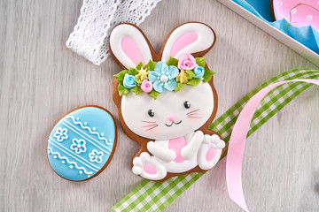 Top view of easter gingerbread in form of cute bunny