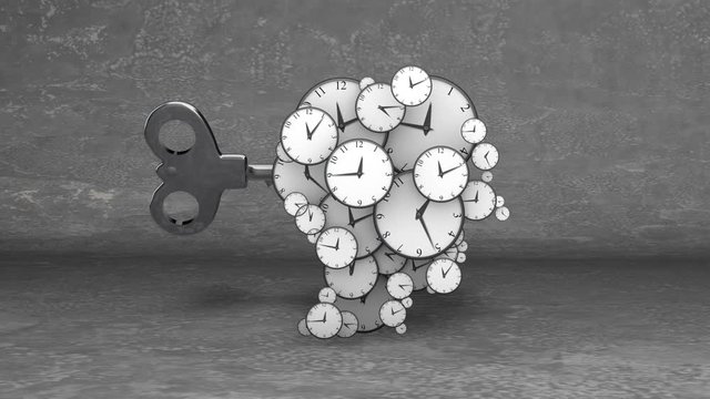 Pop art 3d rendering of blow your mind clock dials of different sizes with revolting hour and minute arrows in the grey background. A large big moves them.