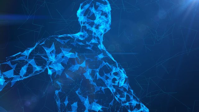 Multidimensional 3d rendering of a male body looking like a hologram from white lines and spots turning around in the blue background