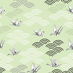 Origami white paper cranes sketch seamless pattern. Gray black white line on green Nature oriental background with japanese wave circle. Can be used for Gift wrap, fabrics, wallpapers. Vector