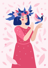 Spring greeting card or banner for happy women s day or March 8. Pretty woman in a wreath of flowers releases a bird into the sky. Symbol of spring and love. Cartoon girl smiles. Vector illustration.