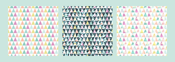 Set cute Scandinavian geometric seamless pattern with triangles and plant texture. Colorful abstract background. Decorating the surface of Wallpaper, textile, wrapping paper, packaging, fabric.