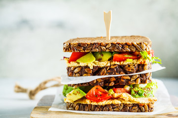 Vegan sandwiches with hummus, tomatoes, avocados and seedlings on whole grain bread.