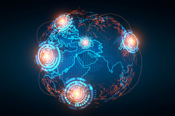 Illustration of world globe hologram drawing on dark background. The concept of international connections. 3d rendering