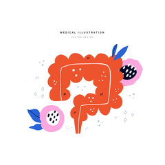Healthy human intestine vector flat illustration. Medical care of alimentary canal. Rectum vector cartoon hand drawn character design. Preventing cancer element for information posters, booklet