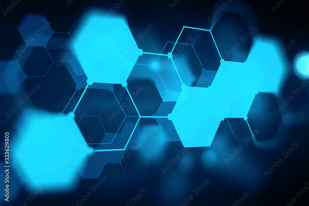 Poster illustration of tech icons hologram drawing on dark background. the concept of achivements in the sc