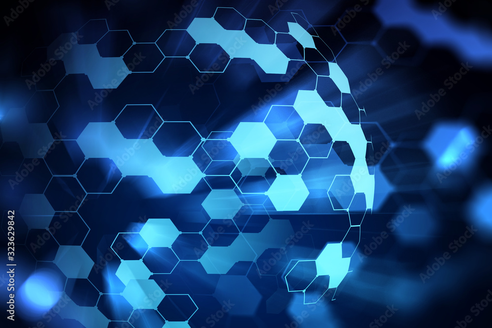 Poster illustration of tech icons hologram drawing on dark background. the concept of achivements in the sc