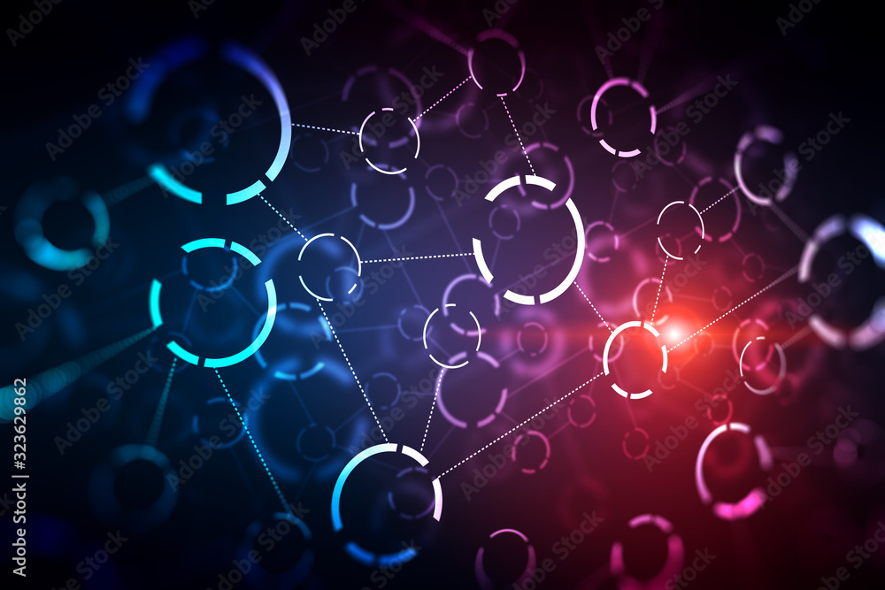 Poster illustration of tech icons hologram drawing on dark background. the concept of achivements in the sc