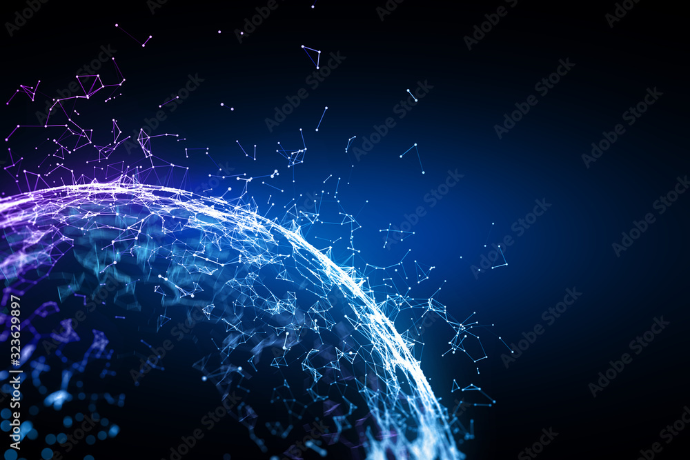 Poster illustration of tech icons hologram drawing on dark background. the concept of achivements in the sc