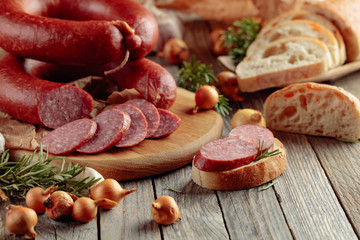 Bread and smoked sausage.