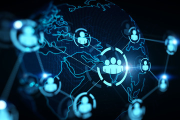 Illustration of social media icons hologram drawing on the world globe. The concept of communication between people. 3d rendering