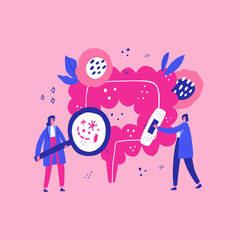 Healthcare therapy of human intestine. Two doctors treat and analysis alimentary canal. Medical illustration of preventing rectum cancer. Cartoon hand drawn character design elements for information