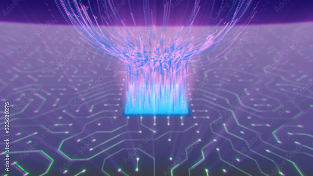 Poster optical art 3d rendering of a rotating square cpu with beaming up violet rays moving in a spherical 