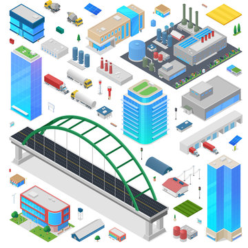 Industrial Isometric city scene generator creator vector design objects illustration. Factory Plant Warehouse Skyscrapers buildings bridge truck cars vehicles street objects collection.