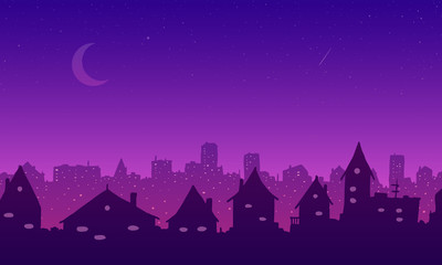 Vector cartoon town at night. Purple pink silhouettes of houses and skyscrapers on background of stars and moon.
