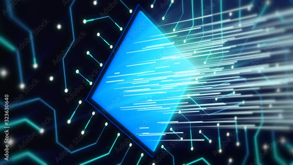 Poster optical art 3d rendering of a turning around square blue microchip with pulsing white rays. it is lo
