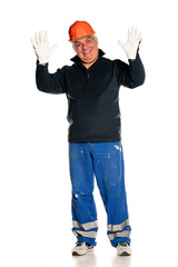 man with protective equipment waving hands