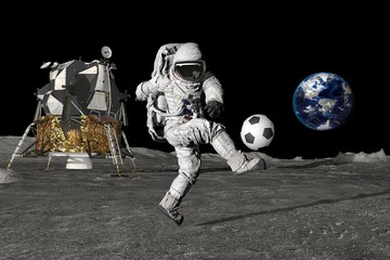 3d rendering Astronaut on the moon playing football. Slow motion. Elements of this video furnished by NASA. - obrazy, fototapety, plakaty