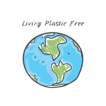 Say no to single-use plastic. Living plastic free. planet Earth, text, calligraphy, lettering, doodle by hand on gray background. Eco, ecology. Vector