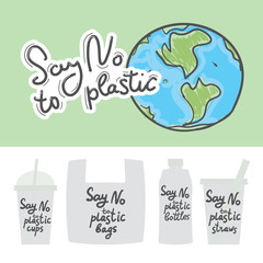 Say no to single-use plastic. Living plastic free. Earth, cups bags bottles straws. Black text, calligraphy, lettering, doodle by hand isolated on white background. Eco, ecology. Vector