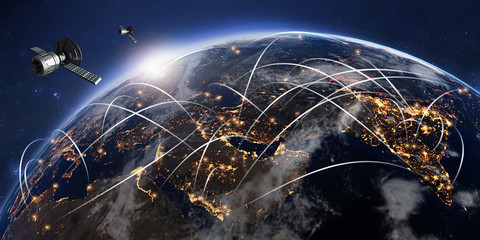 3D render of conceptual global communication network.