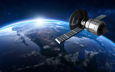3D render of GPS satellite in orbit around the world