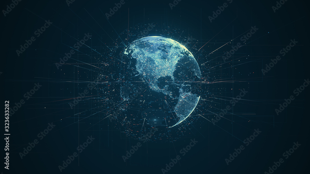 Fototapete digital data globe - abstract illustration of a scientific technology data network surrounding plane