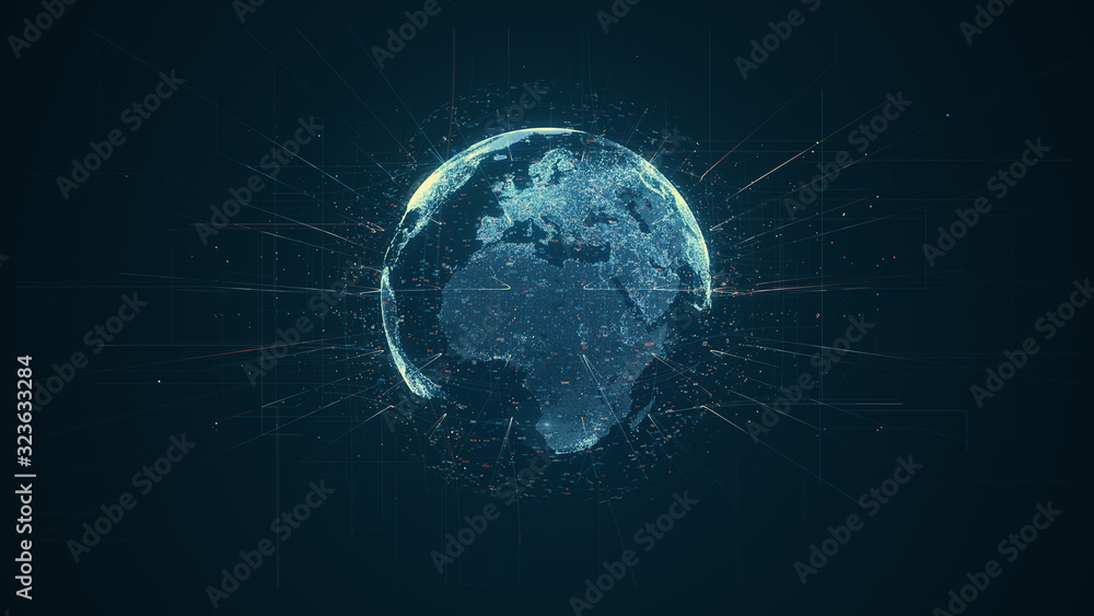 Leinwandbilder Digital data globe - abstract illustration of a scientific technology data network surrounding planet earth conveying connectivity, complexity and data flood of modern digital age