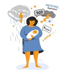 Emotional burnout.a woman stands with a child in her arms and lightning bolts and SOS signs around her. Tired and irritated in a sad state. Postpartum depression. Stress at home. Vector illustration.