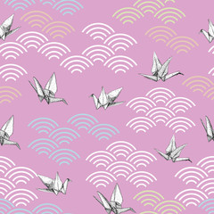 Origami white paper cranes sketch seamless pattern. black blue yellow line on lilac Nature oriental background with japanese wave circle. Can be used for Gift wrap, fabrics, wallpapers. Vector