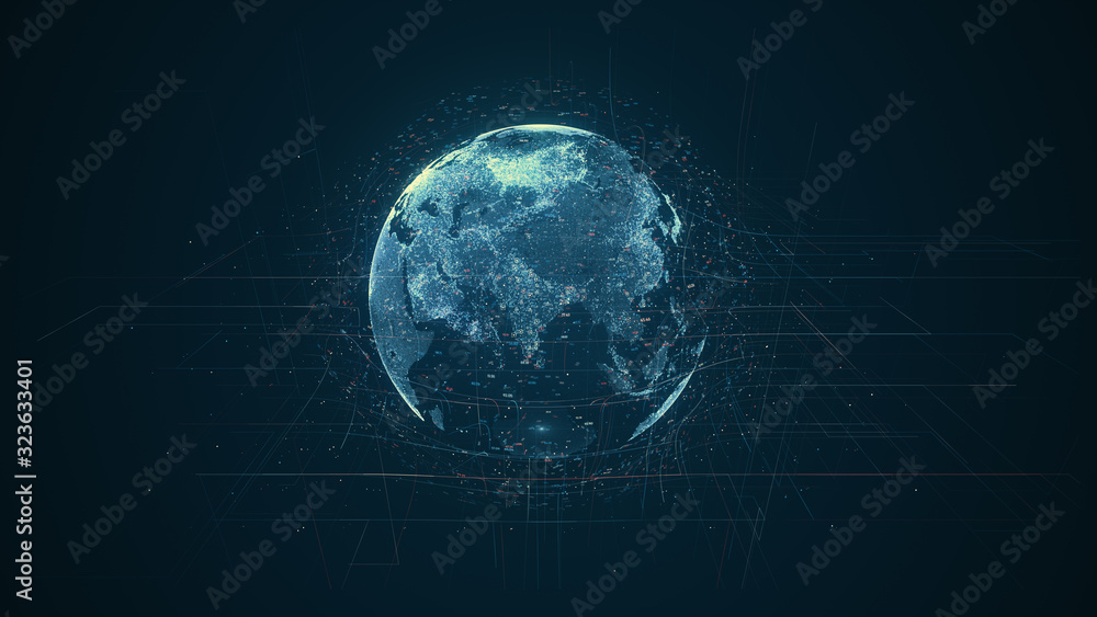 Poster Digital data globe - abstract illustration of a scientific technology data network surrounding planet earth conveying connectivity, complexity and data flood of modern digital age