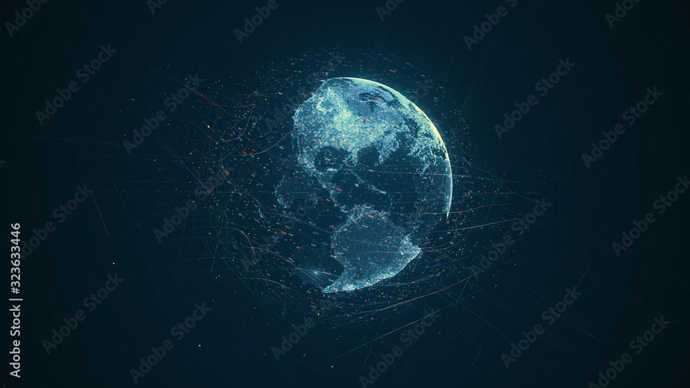 Leinwandbilder Digital data globe - abstract illustration of a scientific technology data network surrounding planet earth conveying connectivity, complexity and data flood of modern digital age