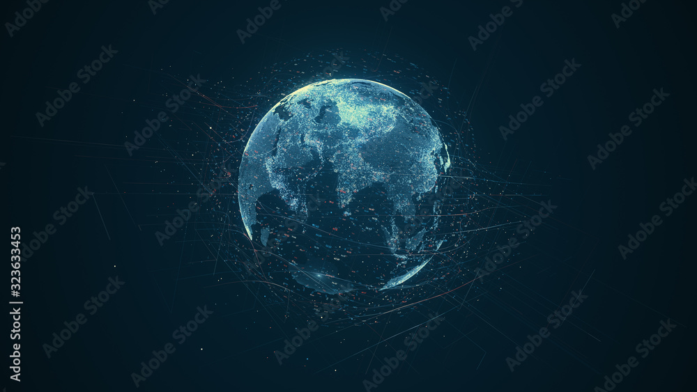Fototapete Digital data globe - abstract illustration of a scientific technology data network surrounding planet earth conveying connectivity, complexity and data flood of modern digital age