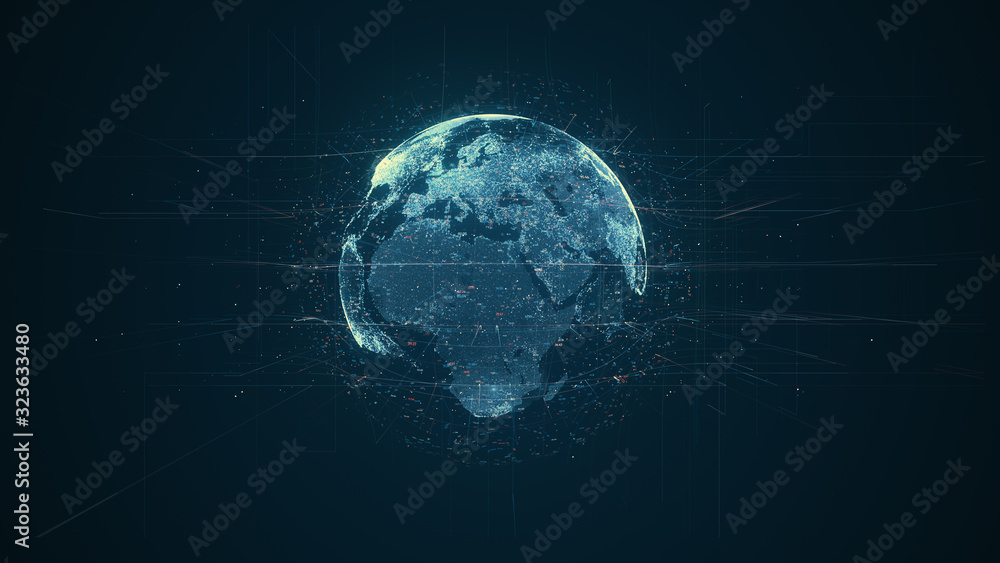 Poster Digital data globe - abstract illustration of a scientific technology data network surrounding planet earth conveying connectivity, complexity and data flood of modern digital age
