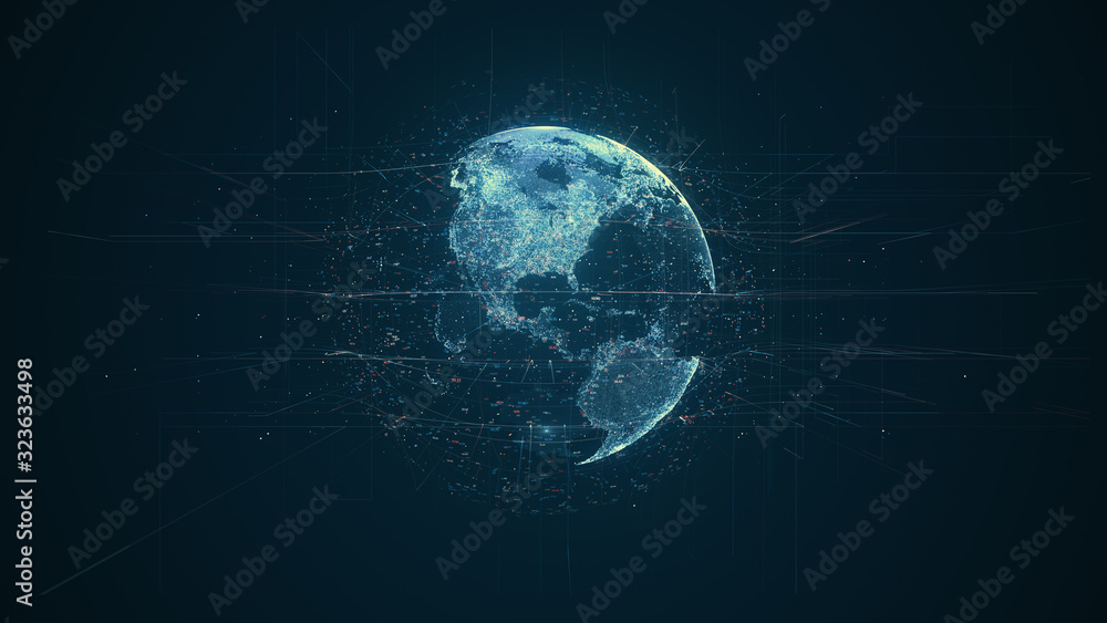 Leinwandbilder Digital data globe - abstract illustration of a scientific technology data network surrounding planet earth conveying connectivity, complexity and data flood of modern digital age
